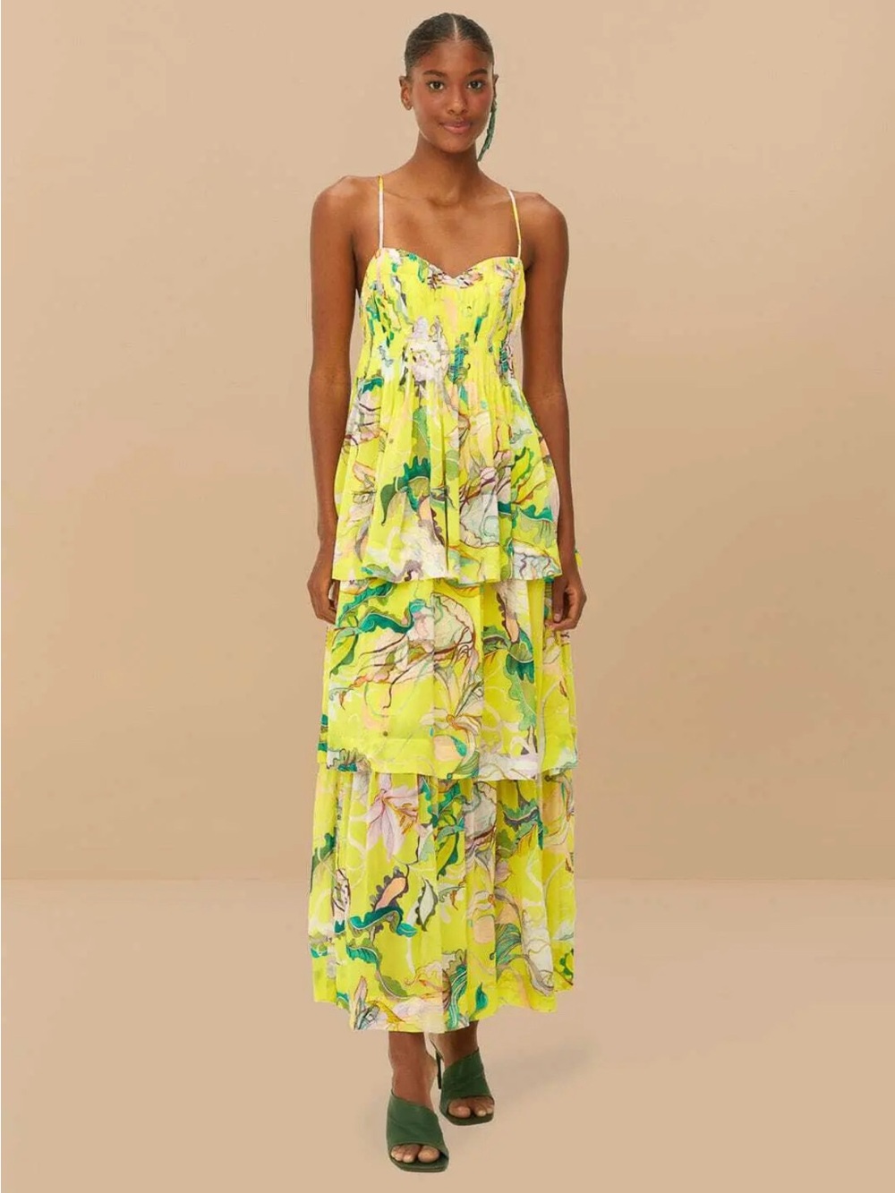 Farm Rio Yellow Jellyfish Bouquet Layered Maxi Dress